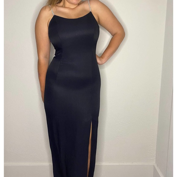 Gunnie Sax Black Tight Midi Dress with Front Leg Slit & Rhinestone Straps 9/10 - Picture 3 of 16